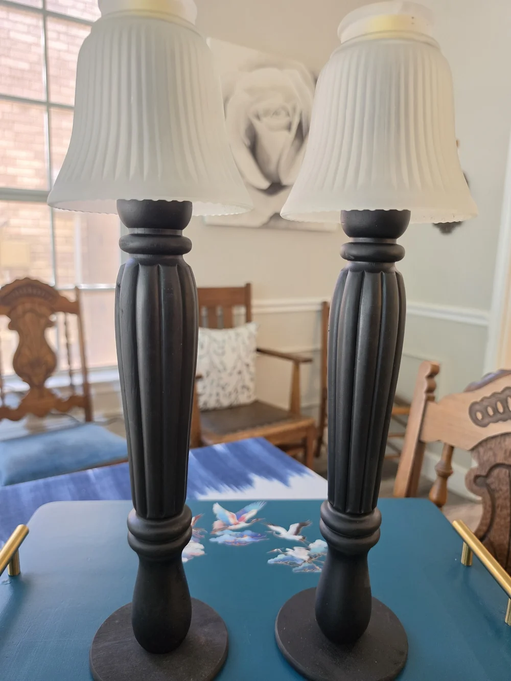 Pair Tall Black Wood Candlestick Holders White Ribbed Glass Hurricane Shades